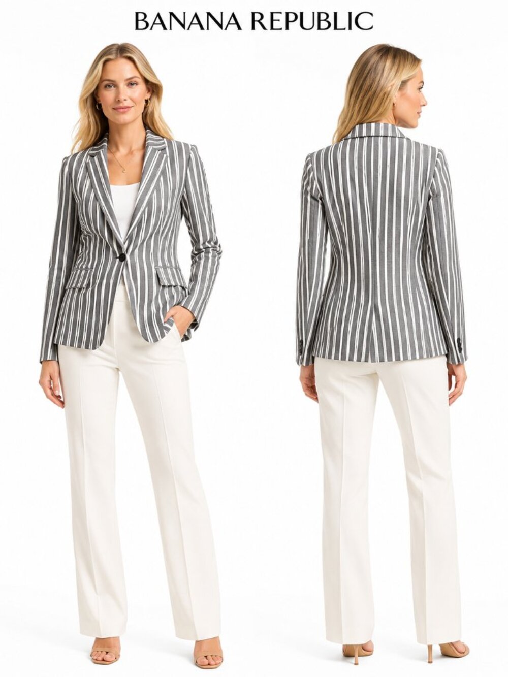 Banana Republic Stretch Linen Striped Blazer Jacket Women Gray White Size 6 NWT